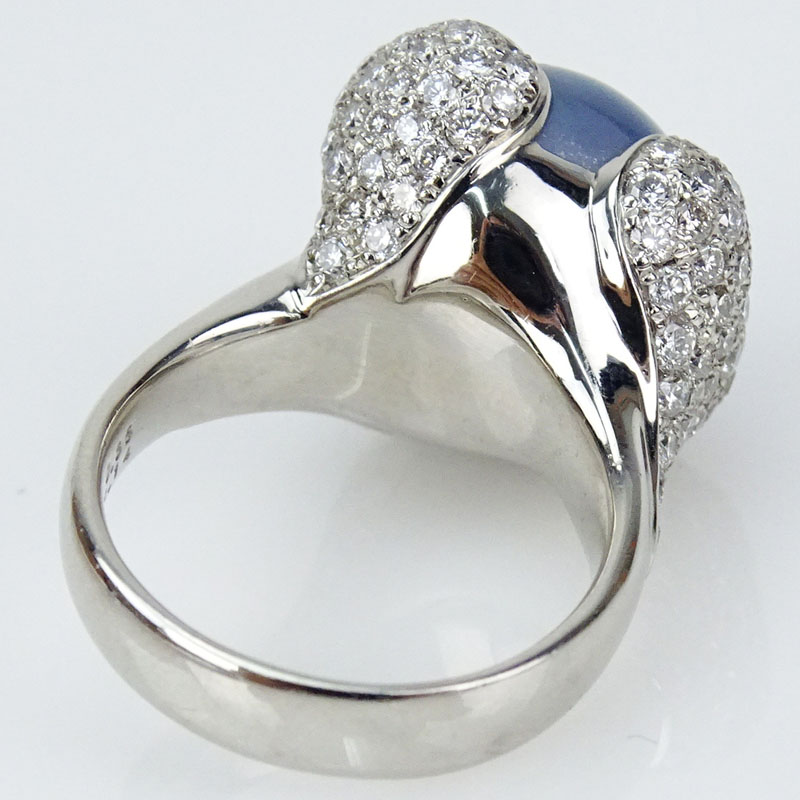 Approx. 20.36 Carat Cabochon Star Sapphire, 2.14 Carat Pave Set Round Brilliant Cut Diamond and Platinum Ring