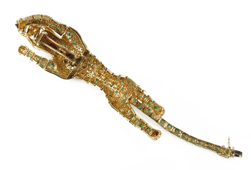 Large Vintage Cartier Design Articulated 18 Karat Yellow Gold Panther Bracelet / Brooch Accented throughout with Pave Set Diamonds and Emeralds and Ruby Eyes