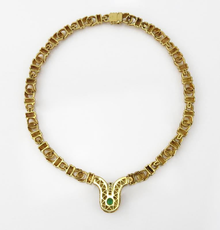 Vintage Bulgari style 18 Karat Yellow Gold, 1.73 Carat Oval Cut Colombian Emerald and 1.65 Diamond Necklace