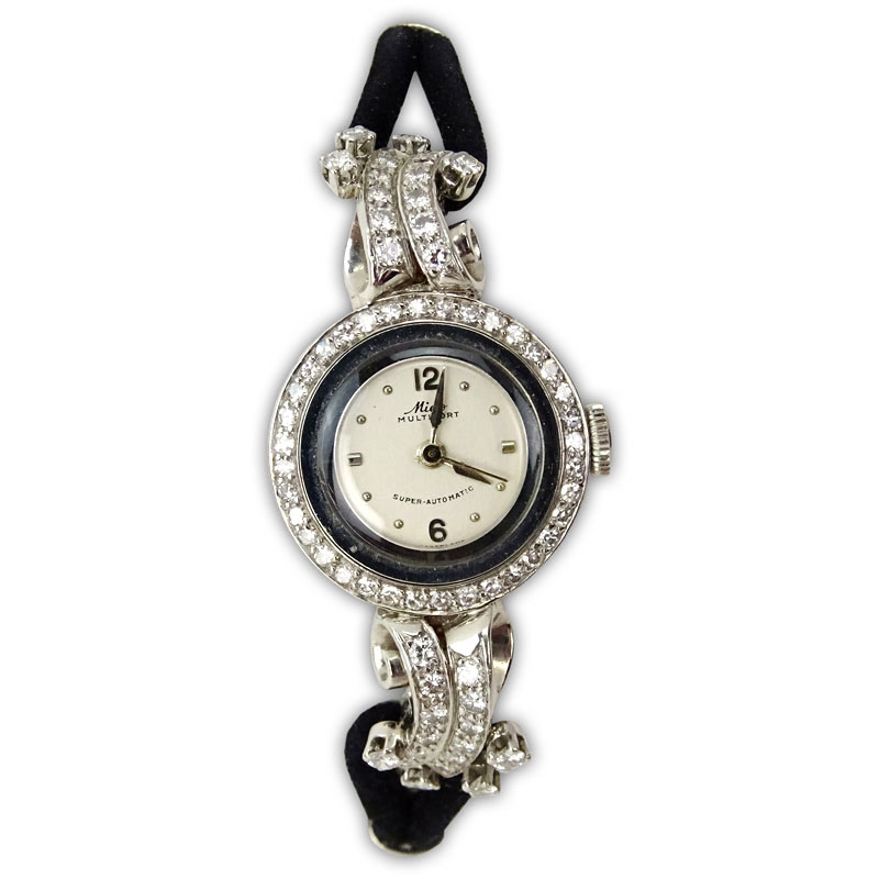 Lady's Vintage Diamond and Platinum Mido Multifort Super-Automatic Movement Watch with Silk Strap and Stainless Steel Buckle