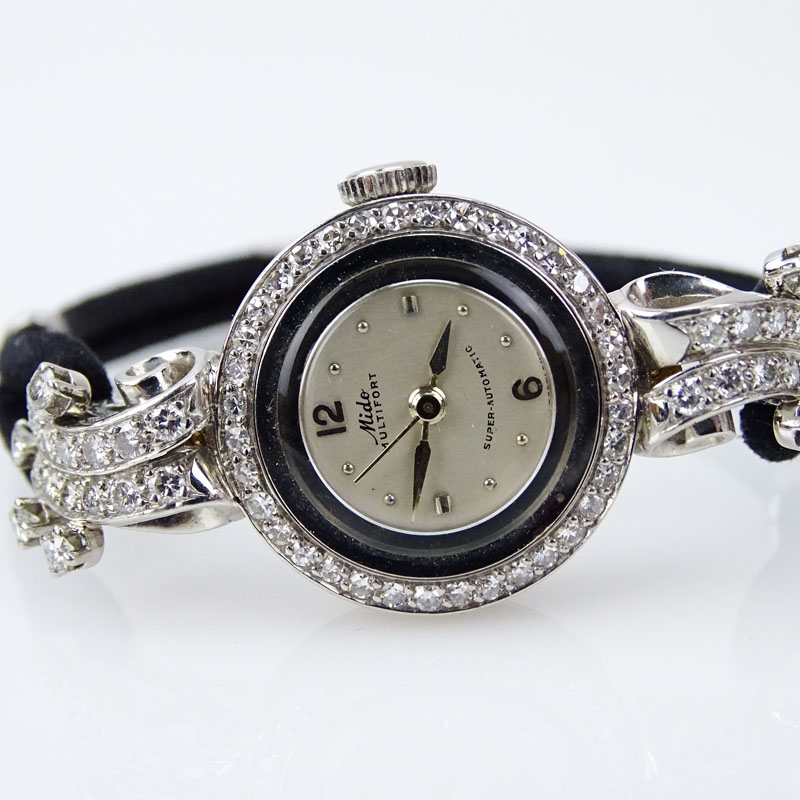 Lady's Vintage Diamond and Platinum Mido Multifort Super-Automatic Movement Watch with Silk Strap and Stainless Steel Buckle