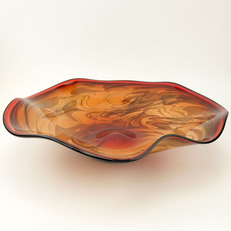 LaChaussee Blown Glass (20th Century) Red to Orange Marble Style Centerpiece Bowl