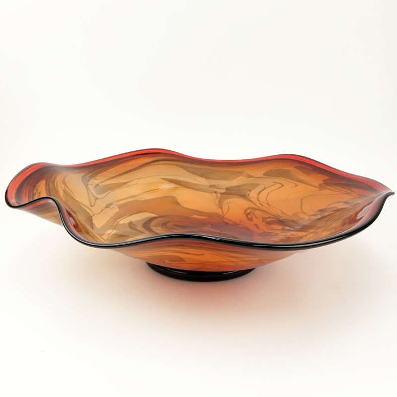 LaChaussee Blown Glass (20th Century) Red to Orange Marble Style Centerpiece Bowl