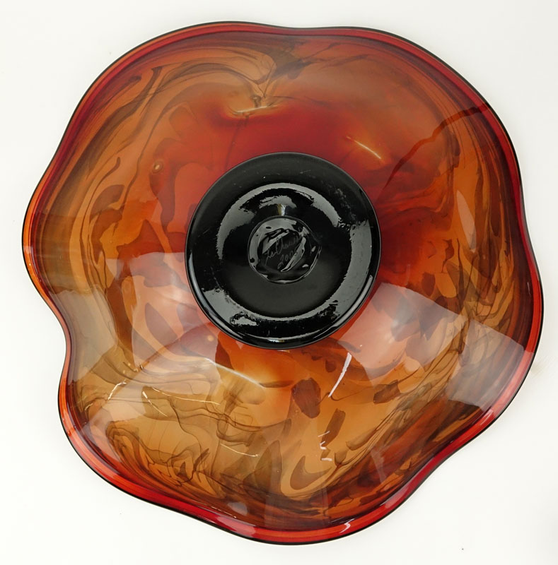 LaChaussee Blown Glass (20th Century) Red to Orange Marble Style Centerpiece Bowl