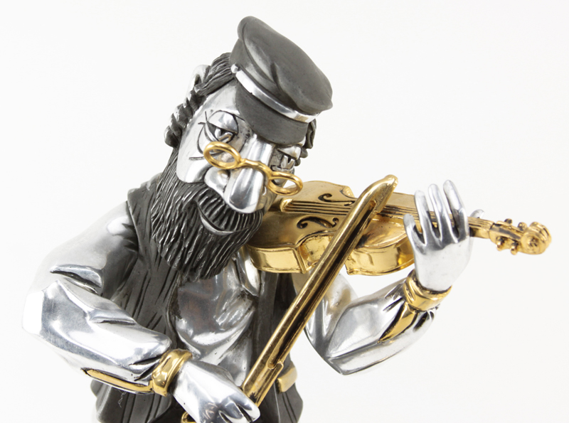Frank Meisler, Israeli (b. 1929) Silver and Gilt  "Hasidic Fiddler" Sculpture on Marble Base.