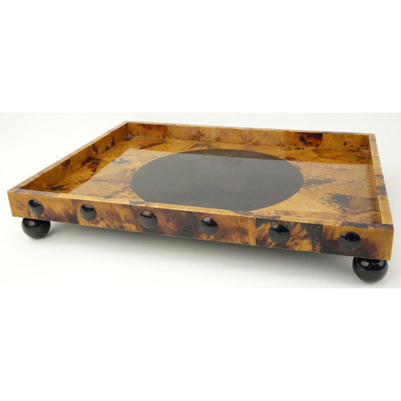 Mid Century Modern Tortoise Shell Style Lacquered Inlaid Footed Tray