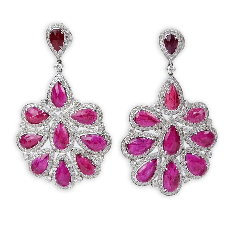 17.37 Carat Oval Cut Ruby, 5.58 Carat Round Brilliant Cut Diamond and 18 Karat White Gold Chandelier Earrings. 