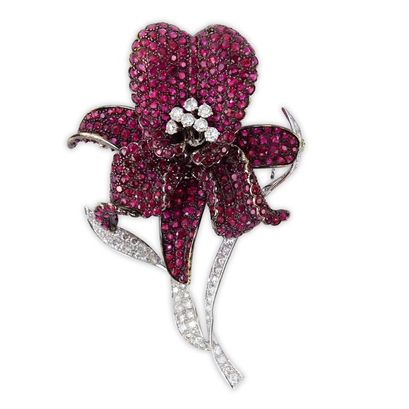 16.20 Carat Pave Set Round Cut Ruby, 2.08 Carat Diamond and 18 Karat White Gold Orchid Brooch. 