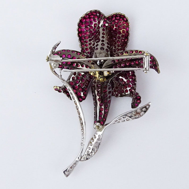 16.20 Carat Pave Set Round Cut Ruby, 2.08 Carat Diamond and 18 Karat White Gold Orchid Brooch. 