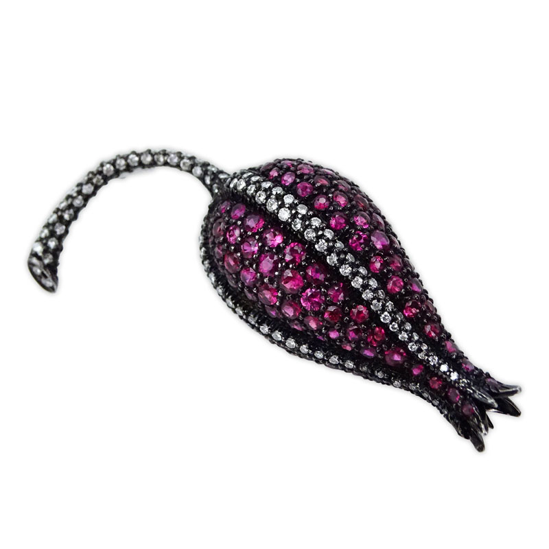 7.0 Carat Round Cut Ruby, 2.00 Carat Diamond and 18 Karat White Gold Flower Bud Brooch. 