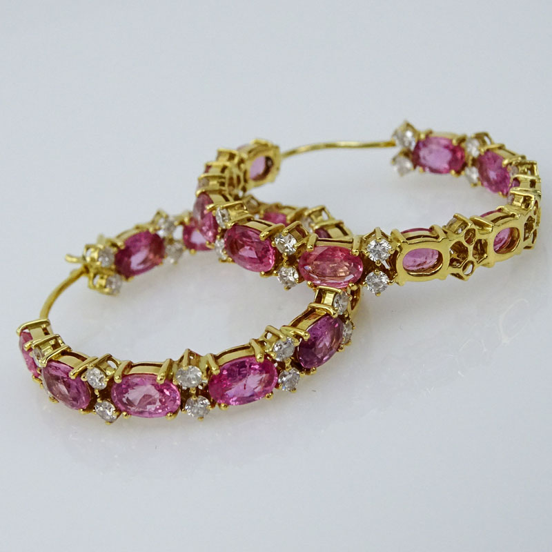 17.91 Carat Oval Cut Pink Sapphire, 3.25 Carat Round Brilliant Cut Diamond and 18 Karat Yellow Gold Hoop Earrings. 