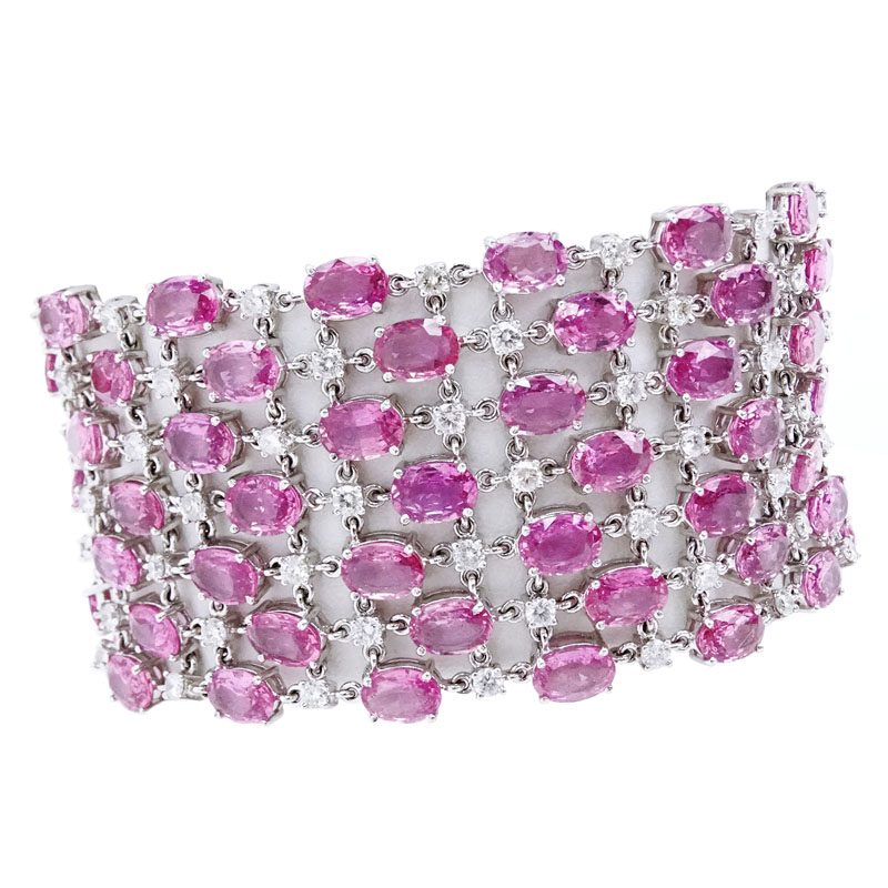 78.0 Carat Oval Cut Pink Sapphire, 6.06 Carat Round Brilliant Cut Diamond and 18 Karat White Gold Bracelet. 