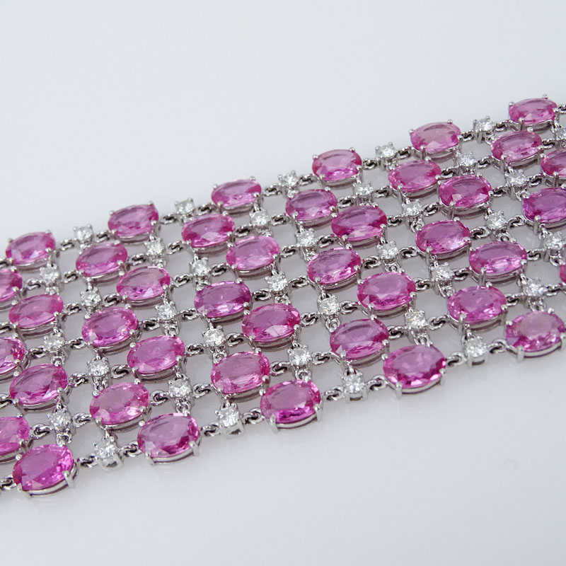 78.0 Carat Oval Cut Pink Sapphire, 6.06 Carat Round Brilliant Cut Diamond and 18 Karat White Gold Bracelet. 