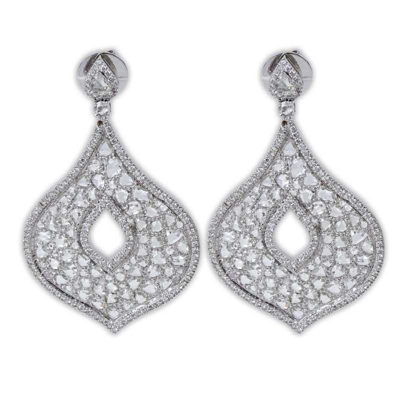 15.84 Carat Rose Cut Diamond and 18 Karat White Gold Chandelier Earrings.