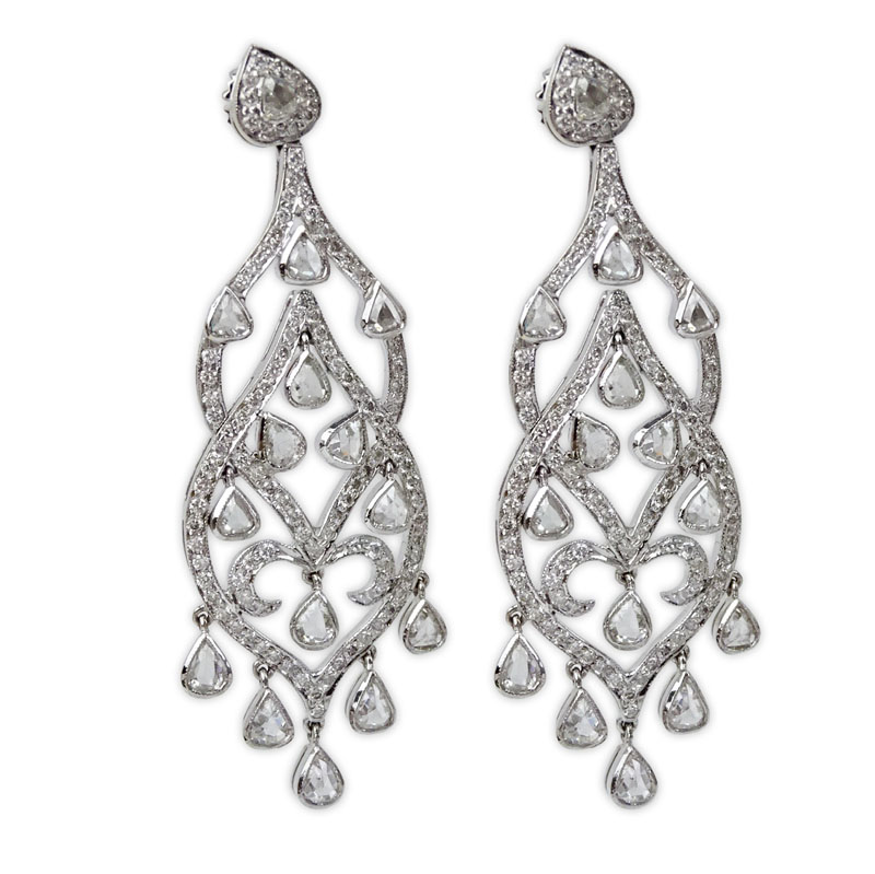 6.17 Carat Rose Cut and Round Brilliant Cut Diamond and 18 Karat White Gold Chandelier Earrings.