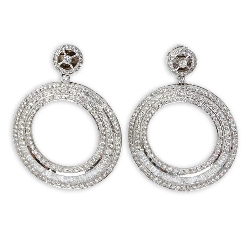 10.75 Carat Round Brilliant and Baguette Cut Diamond and 18 Karat White Gold Chandelier Earrings.