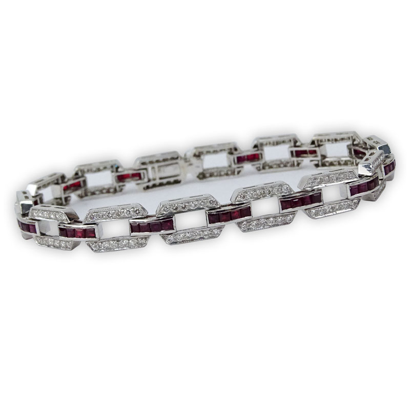 3.0 Carat Round Brilliant Cut Diamond, 3.50 Carat Ruby and 18 Karat White Gold Bracelet. 