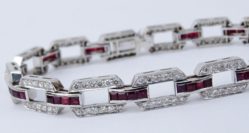 3.0 Carat Round Brilliant Cut Diamond, 3.50 Carat Ruby and 18 Karat White Gold Bracelet. 