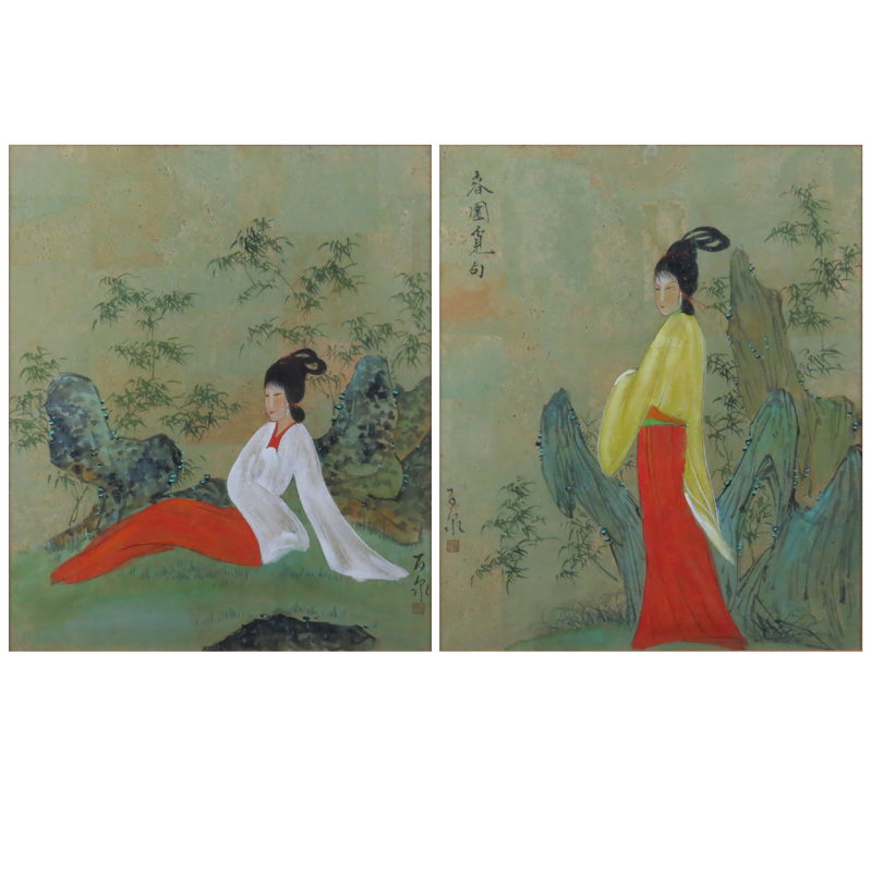 Pair of Chinese (20th Century) Mixed Media Paintings on Cork Paper "Posing Beauty" Signed