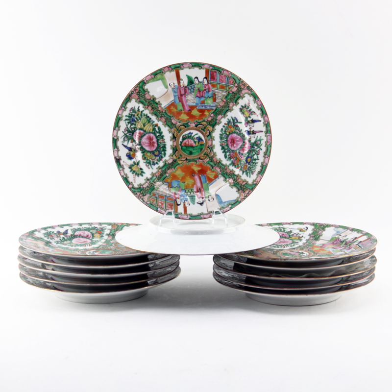 Lot of Twelve (12) Antique Chinese Rose Medallion Footed Porcelain Plates