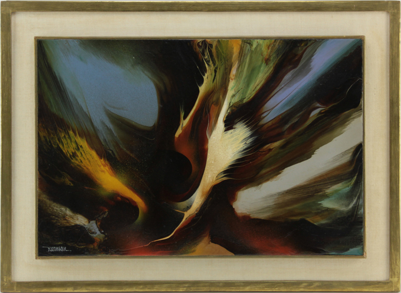 Leonardo M. Nierman, Mexican/American (b-1932) Abstract Oil on Masonite "Bird at Springtime" 