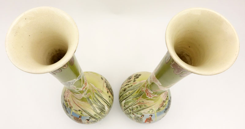 Pair of 19th Century Satsuma Japanese Handpainted Earthenware Long Neck Vases