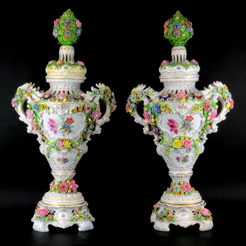 Pair of Monumental Antique Sitzendorf Hand Painted Porcelain Covered Urns