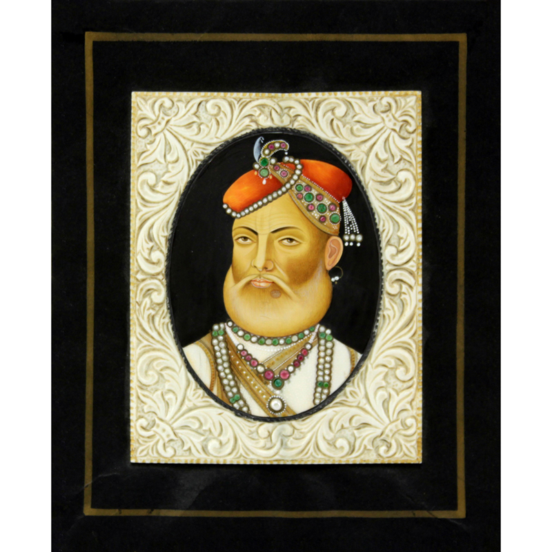 Fine Antique Mughal Style Handpainted and Jeweled  Miniature Portrait
