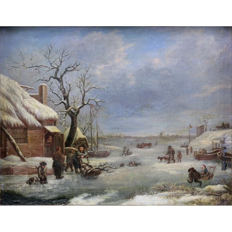 Antique Dutch School Oil on Canvas Winter Scene