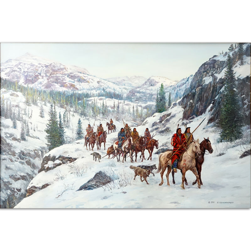 Hubert Wackermann, Canadian/German (b. 1945) Oil on panel "Blackfeet Scouting Party"