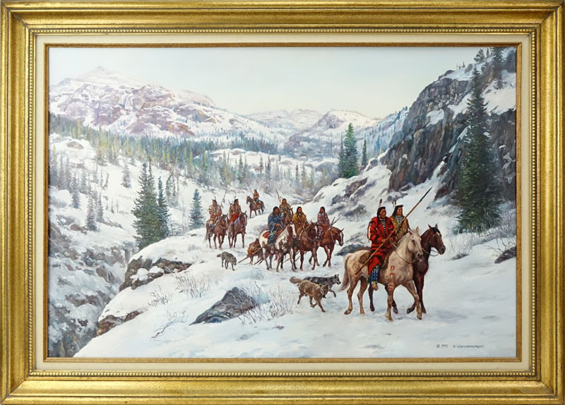 Hubert Wackermann, Canadian/German (b. 1945) Oil on panel "Blackfeet Scouting Party"