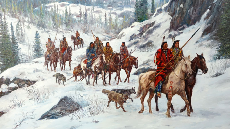 Hubert Wackermann, Canadian/German (b. 1945) Oil on panel "Blackfeet Scouting Party"