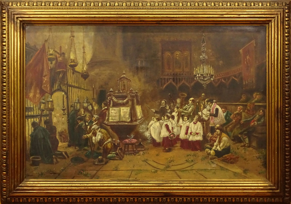 19th Century Italian School Oil on Canvas "Church Interior"  Signed Lower left C