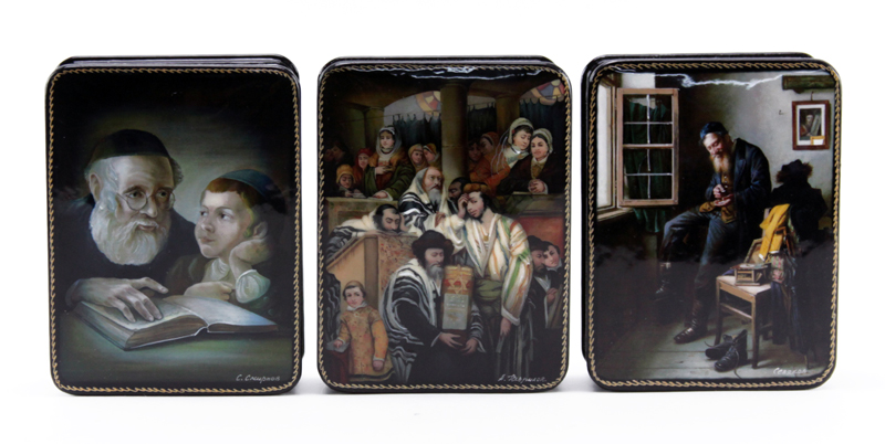 Grouping of Seven (7) Vintage Russian Judaica Lacquered Boxes