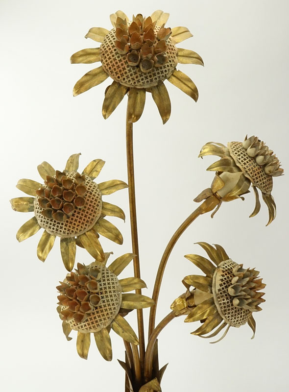 Mid-Century Italian Floral Tole Gilt Metal Sunflower Lamp