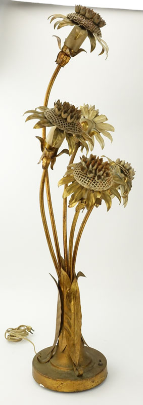 Mid-Century Italian Floral Tole Gilt Metal Sunflower Lamp