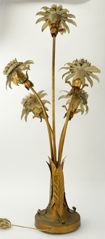 Mid-Century Italian Floral Tole Gilt Metal Sunflower Lamp