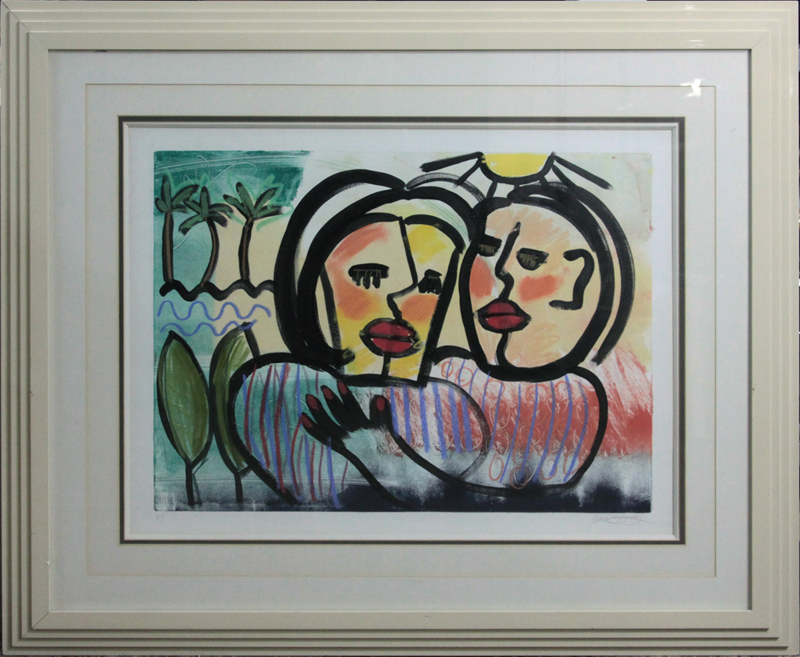 Jacqueline (Jackie) Holland Berkley, American (20th Century) Mixed Media on Paper "Couple Under The Sun" Pencil Signed and Numbered VI