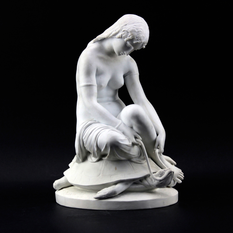 Antique French Parian Sculpture "Girl On Turtle"