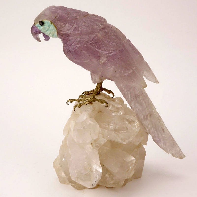 Carved Amethyst Parrot Figurine Mounted on Rock Crystal Base