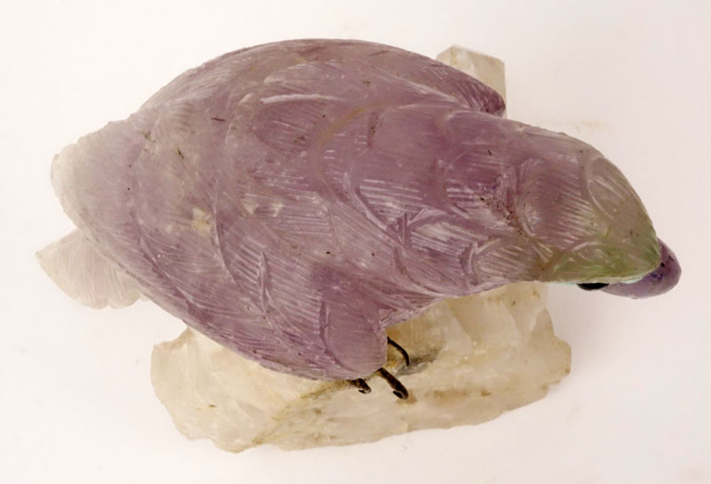 Carved Amethyst Parrot Figurine Mounted on Rock Crystal Base