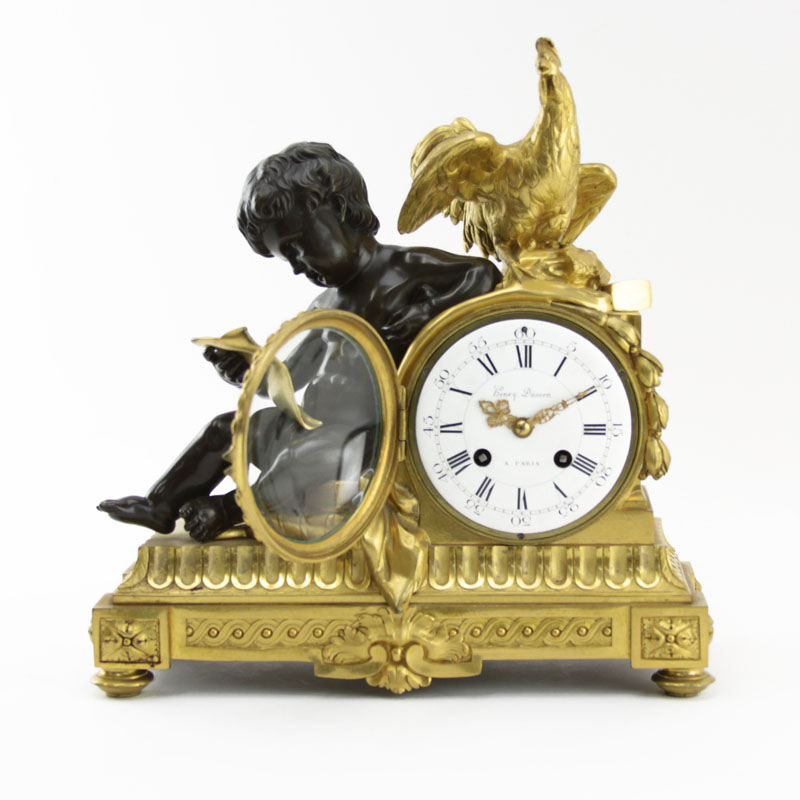 Gilt and Patinated Bronze Louis XVI Style Mantel Clock by Henry Dasson