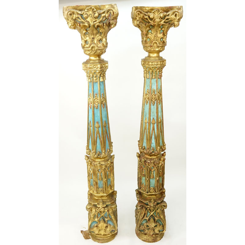 Pair of 18/19th Century Russian Polychrome and Gilt Gesso Over Wood Columns