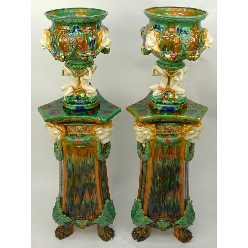 Pair of Majolica Figural Jardinieres on Matching Pedestals