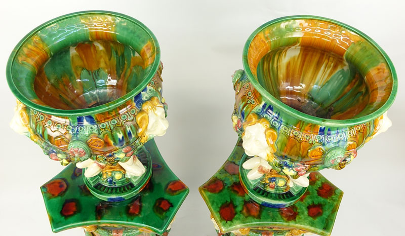 Pair of Majolica Figural Jardinieres on Matching Pedestals