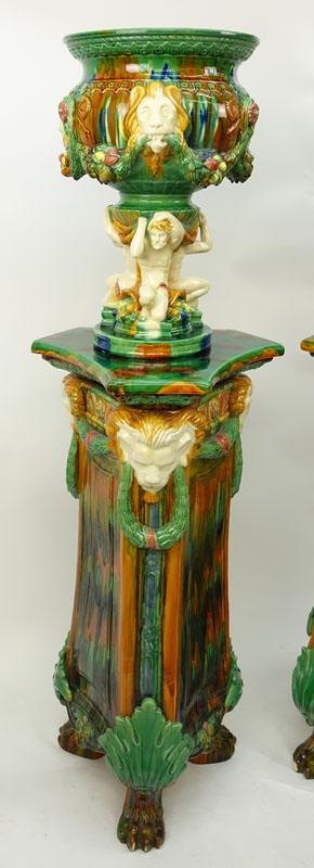 Pair of Majolica Figural Jardinieres on Matching Pedestals