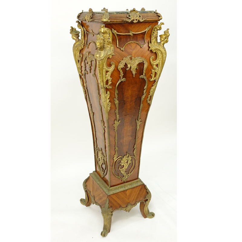 Large 20th Century Louis XVI Style Inlaid and Burlwood Gilt Bronze Marble Top Pedestal