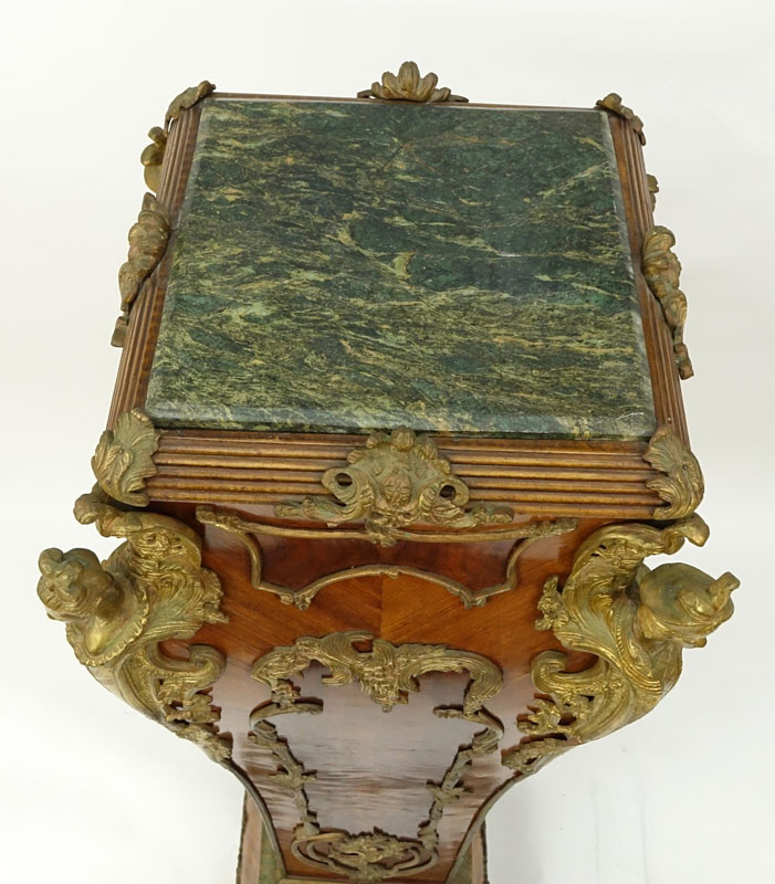 Large 20th Century Louis XVI Style Inlaid and Burlwood Gilt Bronze Marble Top Pedestal