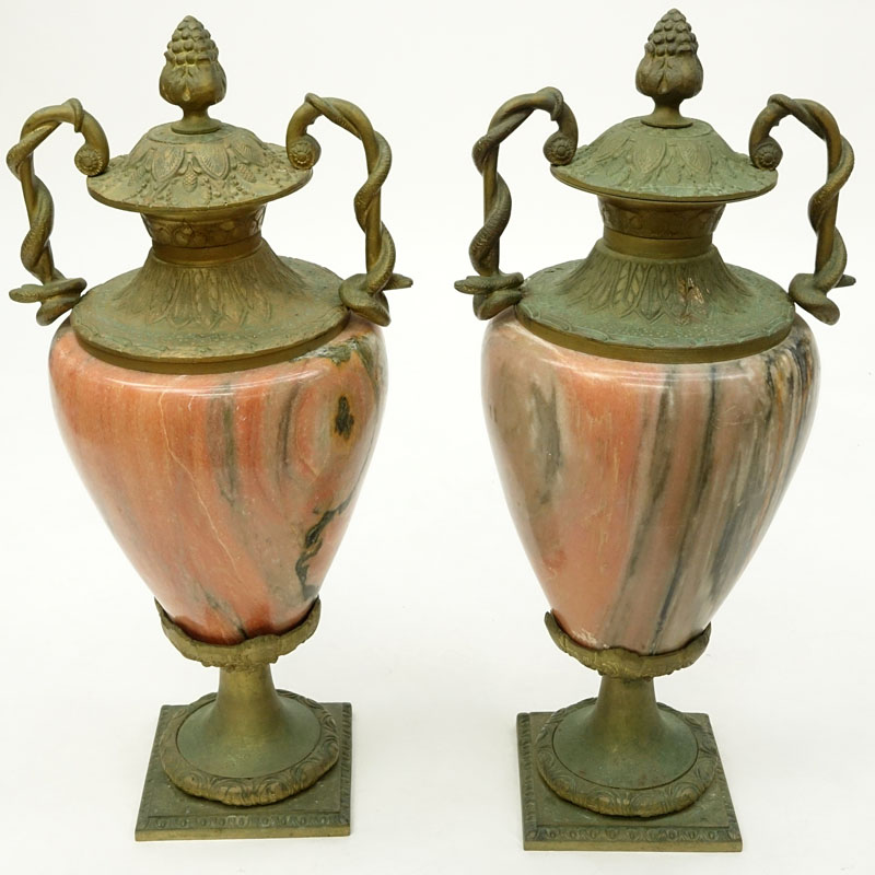 Pair of Mid Century French Style Rose Marble and Gilt Bronze Mounted Urns