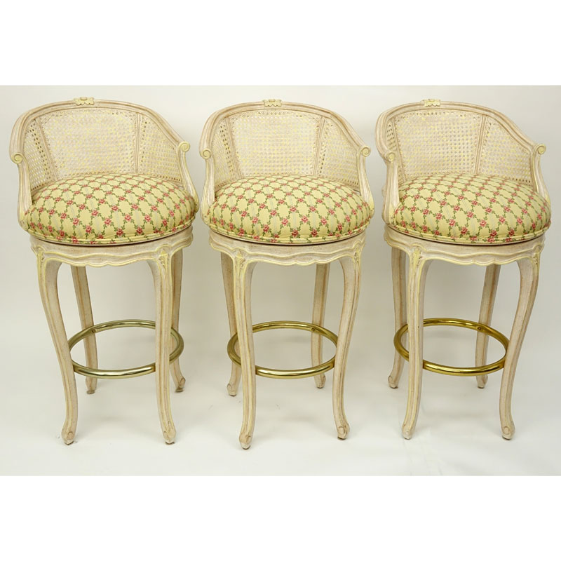 Set of Three (3) Mid Century Carved Venetian Style Cane Back and Upholstered Bar Stools